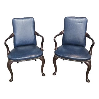 Late 20th Century Pair of Kittinger Mahogany Gooseneck Armchairs Blue Leather Fabric For Sale