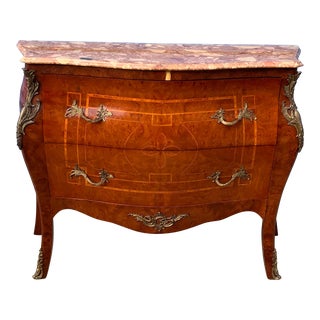 Early 1900s Vintage Marble Top French Louis XV Style Bombe Chest For Sale