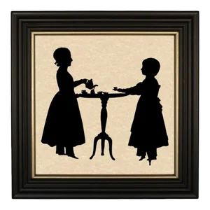 "Sisters' Tea Party" Contemporary Paper Cut Silhouette, Framed