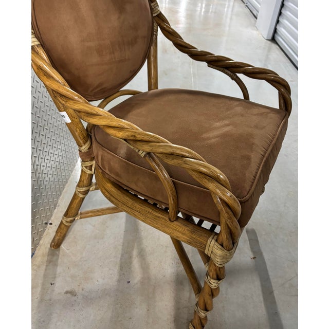 Mid-Century Modern 6 McGuire, Refurbished, Twisted “Barley” Bamboo/Rattan Chairs. Upholstered in a Rich, Warm Faux Suede Performance Fabric. For Sale - Image 3 of 12