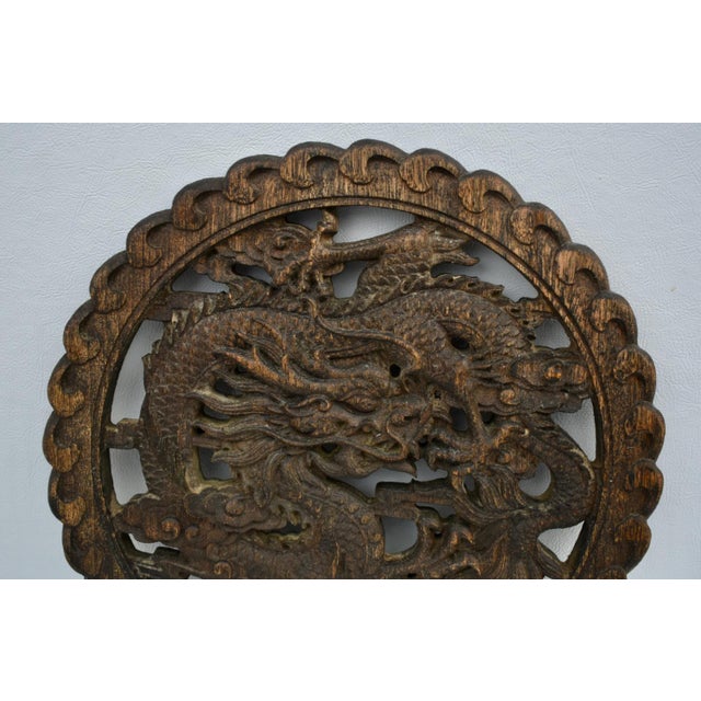 1940s Vintage Round Carved Wood Dragon Plaque For Sale - Image 5 of 11