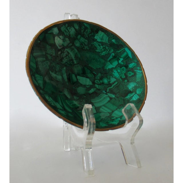 Vintage Italian Coved Malachite Stone & Bronze Rimmed Catchall, and/or Nut/Candy Decorative Bowl For Sale In West Palm - Image 6 of 14