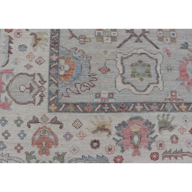 Oushak Floral Motif on Light Grey Background and Colorful Design For Sale - Image 9 of 13