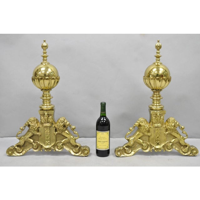 Vintage French Empire Renaissance Style Brass Lion Coat of Arms Large Cannonball Andirons with Cast Iron Supports - a...