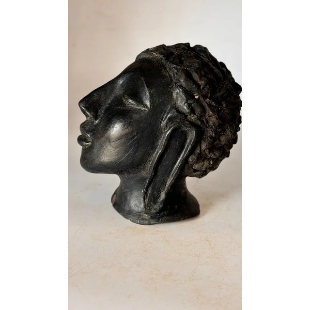 Art Deco Terracotta Sculpture in Black Color Woman Head, France, 1940s For Sale - Image 6 of 9