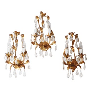 Venetian Hollywood Regency Gilt Crystal Wall Lights, Italy, 1970s, Set of 3 For Sale