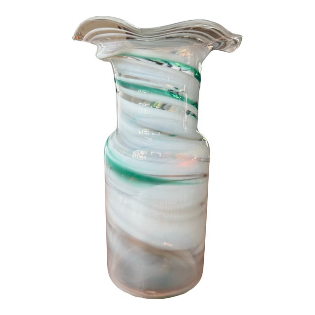 Antique Nailsea Glass Vase With Ruffled Rim | White & Teal Swirl | English, C. 1788–1883 For Sale