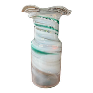 Antique Nailsea Glass Vase With Ruffled Rim | White & Teal Swirl | English, C. 1788–1883