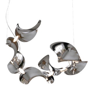 Dune 6 Spiral Chandelier with Silver Hand Polished Shades by Daniel Becker for Moss Objects For Sale