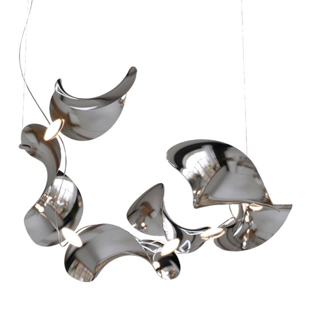 Dune 6 Spiral Chandelier with Silver Hand Polished Shades by Daniel Becker for Moss Objects For Sale