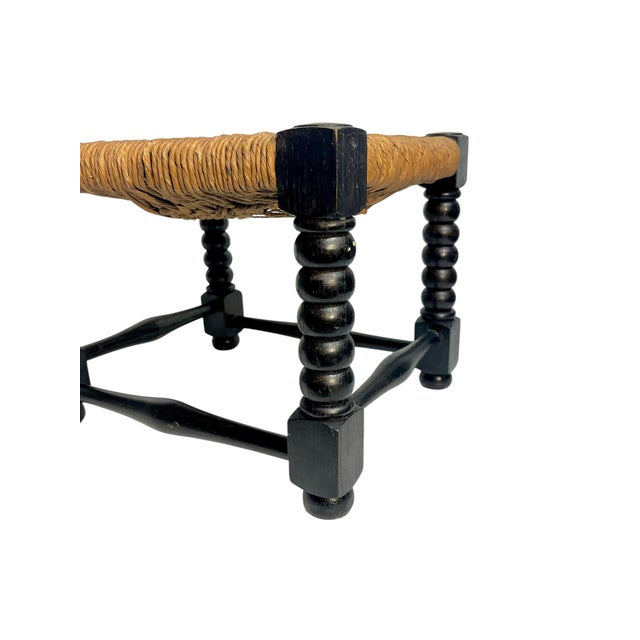 Brown Antique English Jacobean Style Country Woven Rush Seat Stool With Bobbin Legs For Sale - Image 8 of 16