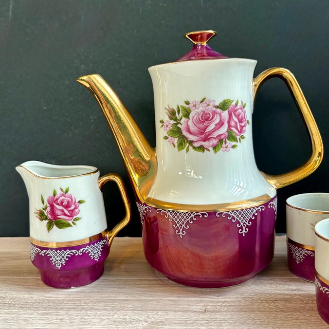 Traditional Vintage Japan Tea/Coffee Set With Iridescent Purple & Gold Details by Vandel – 7 Pc Set For Sale - Image 3 of 8