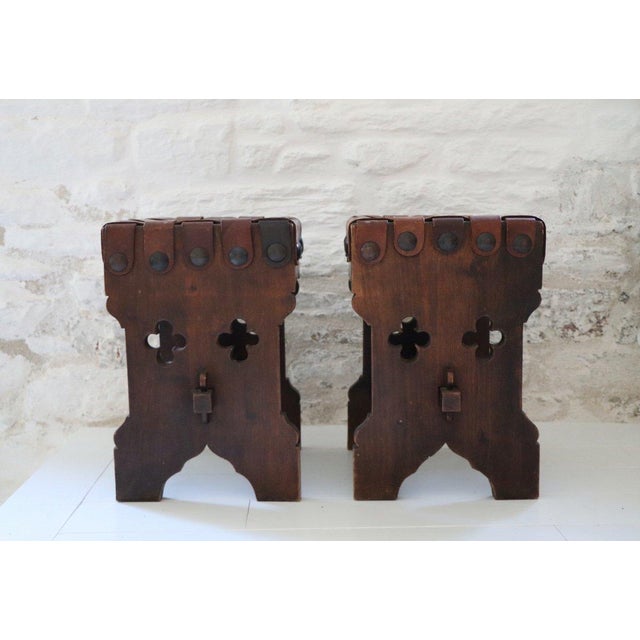 Vintage Brutalist Wood and Leather Stools, 1950s, Set of 2 For Sale - Image 6 of 12