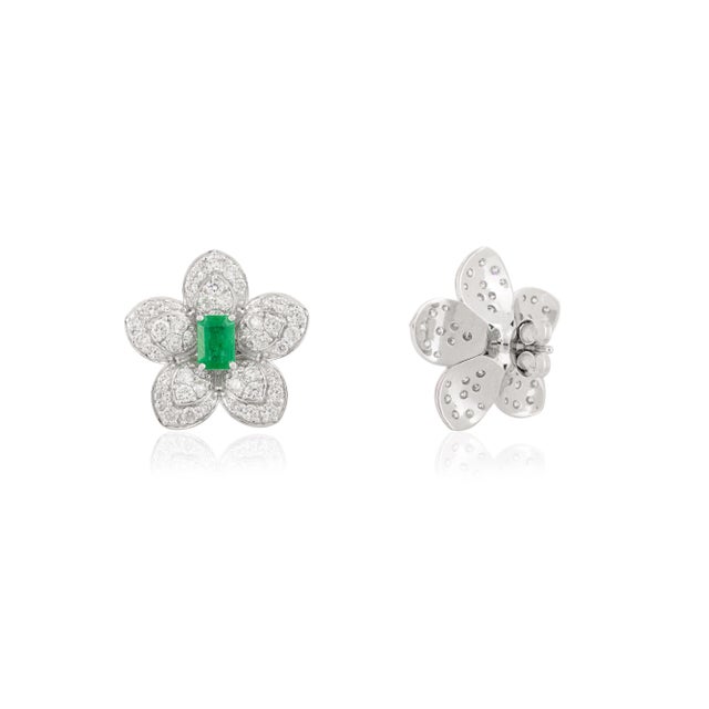 Not Yet Made - Made To Order Emerald Encompassed With Diamonds Floral Stud Earrings in 14k White Gold- A Pair For Sale - Image 5 of 11