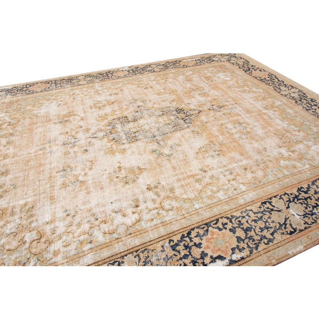 Tan Mid-20th Century Vintage Distressed Wool Rug 10 X 14 For Sale - Image 8 of 10