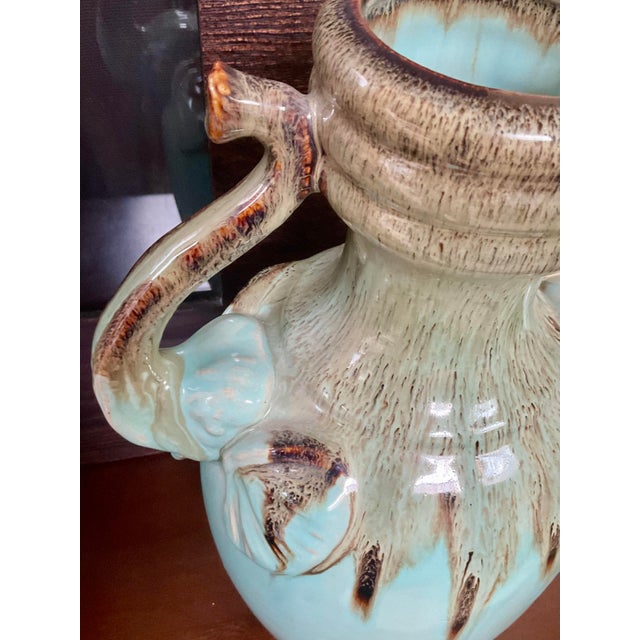 Ceramic Glazed Vase With Elephant Trunks as Handles and Writing on the Bottom of Turquois Color Vessel For Sale In Palm Springs - Image 6 of 12