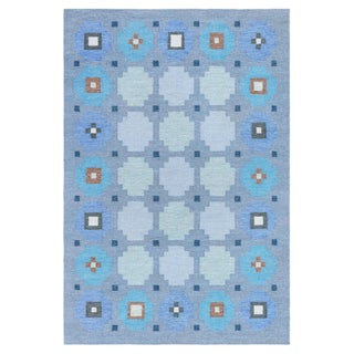Doris Leslie Blau Swedish Geometric Blue Flat Woven Rug For Sale