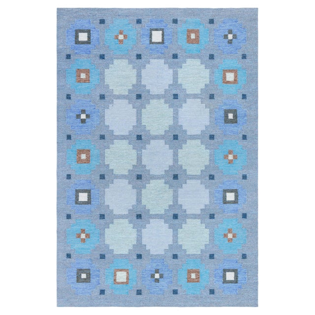 Doris Leslie Blau Swedish Geometric Blue Flat Woven Rug For Sale