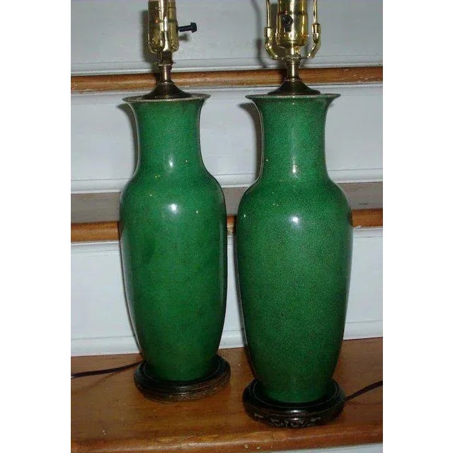 A beautiful pair of antique 19th c. Chinese monochrome porcelain vases converted to table lamps. Beautiful bright green...