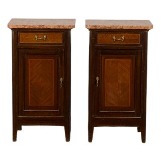 Vintage Bedside Tables with Red Marble Tops, 20th Century, Set of 2 For Sale