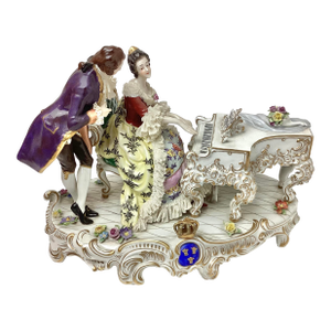 Large Late 19th Century Dresden Aelteste Volkstedter Porcelain Tableau Man and Woman at Piano