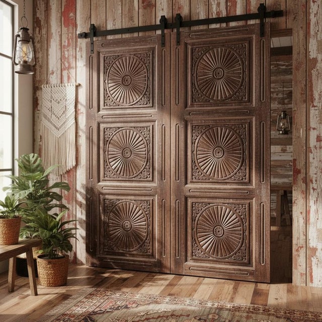 1920s Antique Floral Carved Chakra Barn Door – Rustic Sliding Statement Door 80x36 For Sale - Image 5 of 5