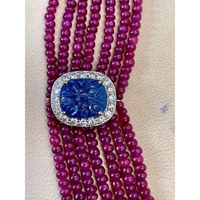 Contemporary 480 Ct 7 Layer Natural Smooth Ruby Bead Necklace 14k Gold Sapphire Diamond Clasp For Sale - Image 3 of 18