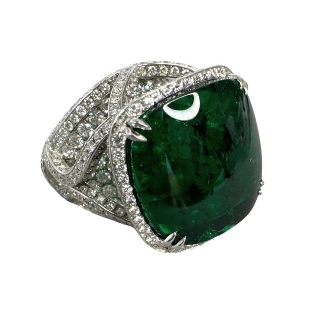 13.02 CTW Brazilian Emerald and Diamond Cocktail Ring in 18k White Gold, Size 6 For Sale In Washington DC - Image 6 of 12