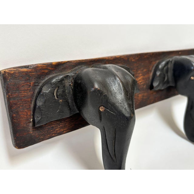 Black Hand-Carved Wooden Elephant Wall Coat Rack Triple Head Hooks Asian/African Style For Sale - Image 8 of 12