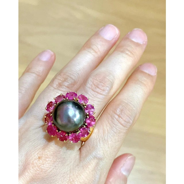Bochic “Orient” Tahiti South Sea & Multi Ruby Cluster Ring Set 18K & Silver Multi Color Fancy Sapphires from Sri Lanka...