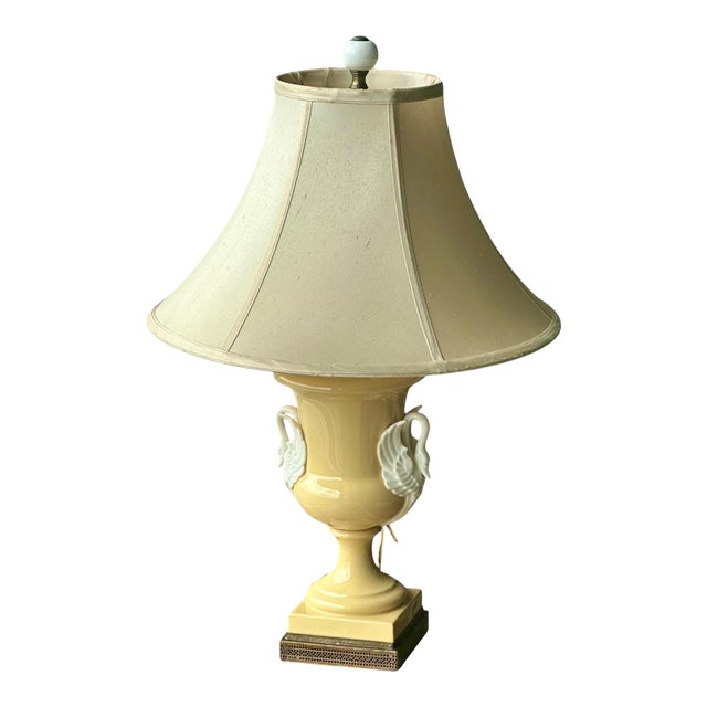 Antique French Pale Yellow Porcelain Swan Handle Lamp For Sale
