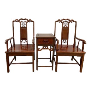 20th Century Chinese Rorsewood Carved Armchairs Set For Sale