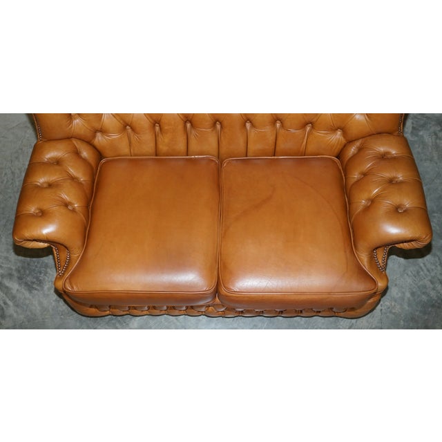 Animal Skin Small Wide Tan Leather Tufted Chesterfield Sofa with High Back For Sale - Image 7 of 18