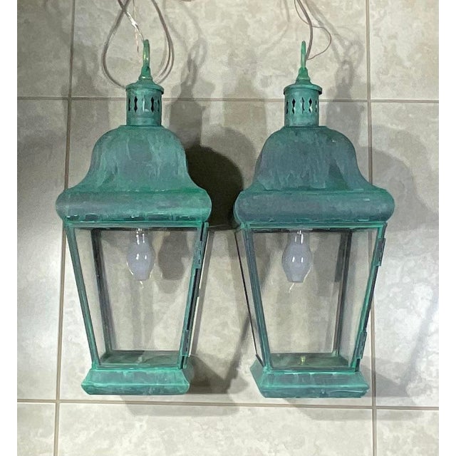 Pair of Vintage Solid Brass Hanging Lanterns. 20”.5 H X 8”.5w X 8”.5 W For Sale - Image 10 of 17