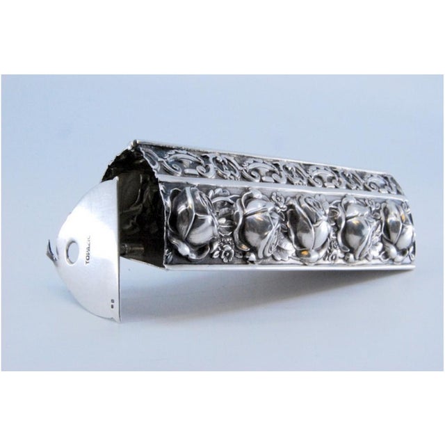 Metal Triangular Silver Toothpick Holder with Roses on Base and Lid For Sale - Image 7 of 11