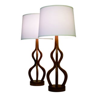 Rare Matched Large Pair Adrian Pearsal Kagan Atomic Modern Walnut Figure "8" Table Lamps 1950's For Sale