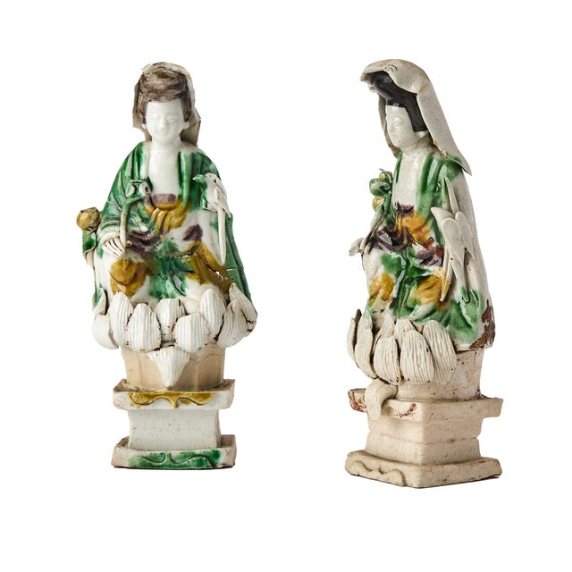 Lotus Throne": Pair of Chinese Kangxi Biscuit Porcelain Guanyin Figures 1710 A serene and beautifully modeled pair of...
