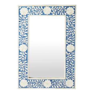 Vivienne 16 in. W x 24 in. H Rectangular Bone Inlay Horizontal or Vertical Hanging Accent Wall Mirror, Blue and White Bone For Sale