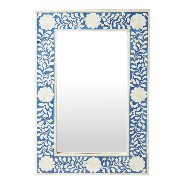 Vivienne 16 in. W x 24 in. H Rectangular Bone Inlay Horizontal or Vertical Hanging Accent Wall Mirror, Blue and White Bone For Sale