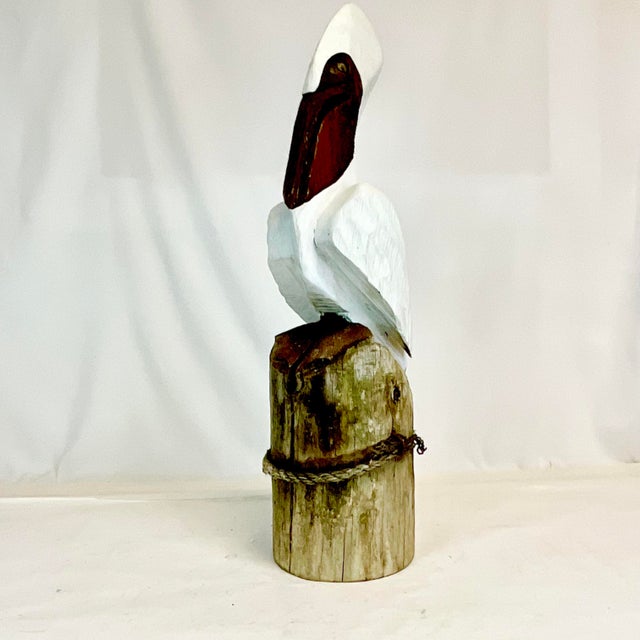 Brown Vintage Coastal Folk Art Hand-Carved Pelican Sculpture From a Wooden Pier Post. For Sale - Image 8 of 13