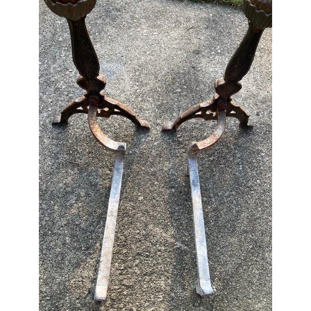 Black Antique Patinated Chippendale Ball Wrought Iron Fire Dogs- a Pair For Sale - Image 8 of 9