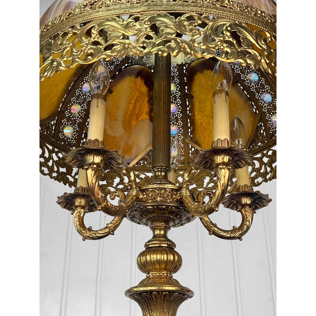 Vintage 40" Hollywood Regency Gold Slag Glass Jeweled Crown Table Lamp For Sale - Image 9 of 13