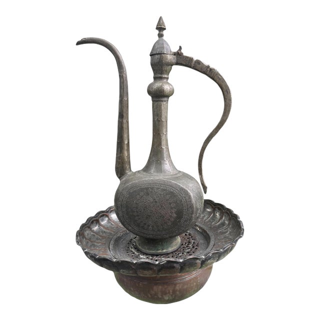 19th Century Dated Persian Qajar Tinned Copper Ewer Ablution Basin Set, Dated 1878. For Sale