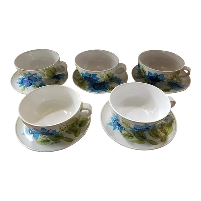 1950s Japanese Ironstone Ware Hand Painted Bowls & Saucers- 10 Pieces For Sale