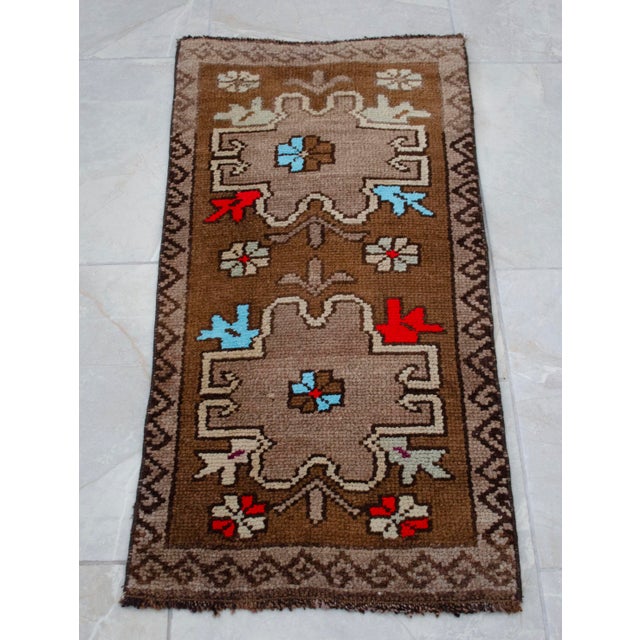 Distressed Low Pile Turkish Yastik Petite Rug Hand Knotted Faded Mat - 17'' X 34'' For Sale - Image 13 of 14