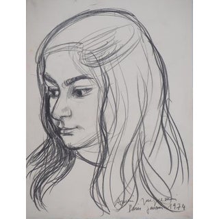 André Jacquemin, Young Girl with Downcast Eyes, 1974, Signed Drawing For Sale