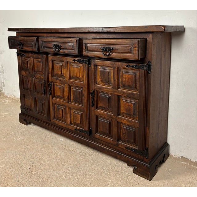 Spanish Rustic Oak Sideboard with Paneled Doors and Iron Hardware, 1930s For Sale - Image 9 of 11