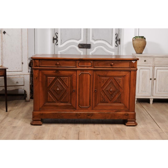 Italian 19th Century Walnut Buffet with Carved Diamond and Floral Motifs For Sale - Image 4 of 12