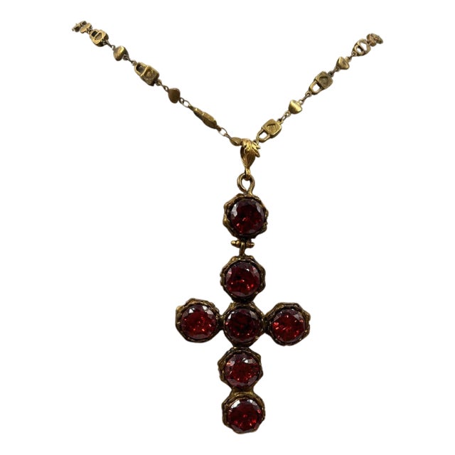 Red & Gold-toned Brass Dangling Cross Statement Pendant For Sale