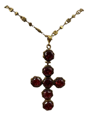 Red & Gold-toned Brass Dangling Cross Statement Pendant